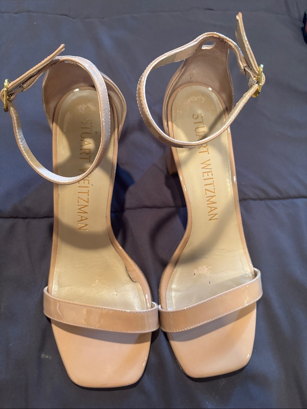 Stuart Weitzman Nearlynude Block Heel Sandal Adobe Patent Leather Size 8
